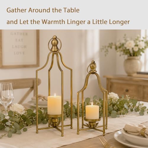 12.5" & 16.5" Timeless Cozy Decorative Lanterns Set of 2, Handcrafted Metal Iron Candle Holders, Farmhouse Elegance Fireplace Mantel Table Festive Gatherings Decor (Antique Gold) - Image 4