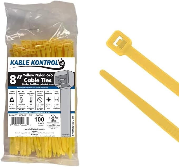Kable Kontrol Yellow Zip Ties 8 Inch 100 Pcs, 50 Lbs Tensile Strength, Self-locking Nylon Colored Cable Ties Wire Wraps for Indoor or Outdoor Use