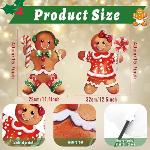 Zonon 2 Pcs Christmas Metal Yard Stakes 3D Gingerbread Boy Girl 27.5 Inch - Image 2