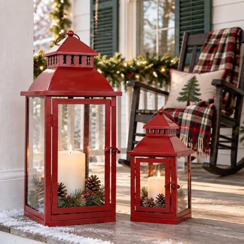 NEEDOMO Christmas Decorations Outdoor & Indoor, Set of 2 Outdoor Lanterns for Porch, Large Candle Lantern, Red Metal Frame with Glass, Vintage Farmhouse, Patio, Pathway, Garden, Christmas by NEEDOMO-LightUpYourSpace