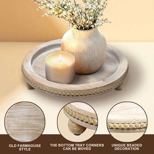 Wood Round Tray for Wooden Coffee Table Decor, Wood Raise Candle Tray Holder Plate,Farmhouse Small Decorative Trays Beade, Rustic Serving Tray for Kitchen Table, Home Decor, Living Room, Brown - Image 4
