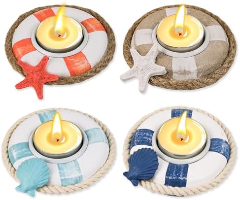 SAILINGSTORY Wooden Life Ring Tealight Candle Holder Nautical Coastal Beach Decor Votive Candle Holder Set of 4 Pack by HOMEDECORSAILINGSTORY