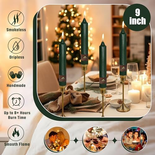 Christmas Hunter Green Candle 9 Inch Tall Smokeless Taper Candles 4 Pack Unscented Dinner Candle for Christmas Festive, Halloween Thanksgiving Day Fall Home Decor - Image 3