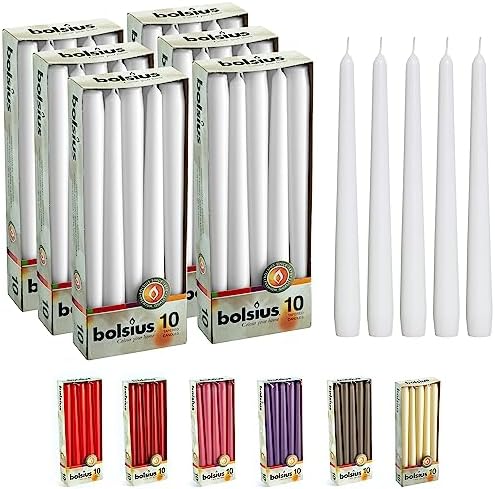 BOLSIUS Long Household White Taper Candles - 10-inch Unscented Premium Quality Wax - 8 Hours Long Burning Dripless Candles Bulk Pack of 60 for Home Decor, Wedding, Parties and Special Occasions by BOLSIUS