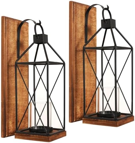 Homemory Wall Candle Sconces Set of 2, Rustic Wood Holders with Glass Decor by Homemory