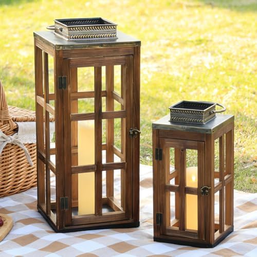 Large Farmhouse Wooden Metal Lantern Set of 2, 28''/20'' H Rustic Decorative Indoor & Outdoor Hanging Candle Lanterns, Wooden Outdoor Lanterns for Patio Front Porch Table, Dark Brown by DECORKEY
