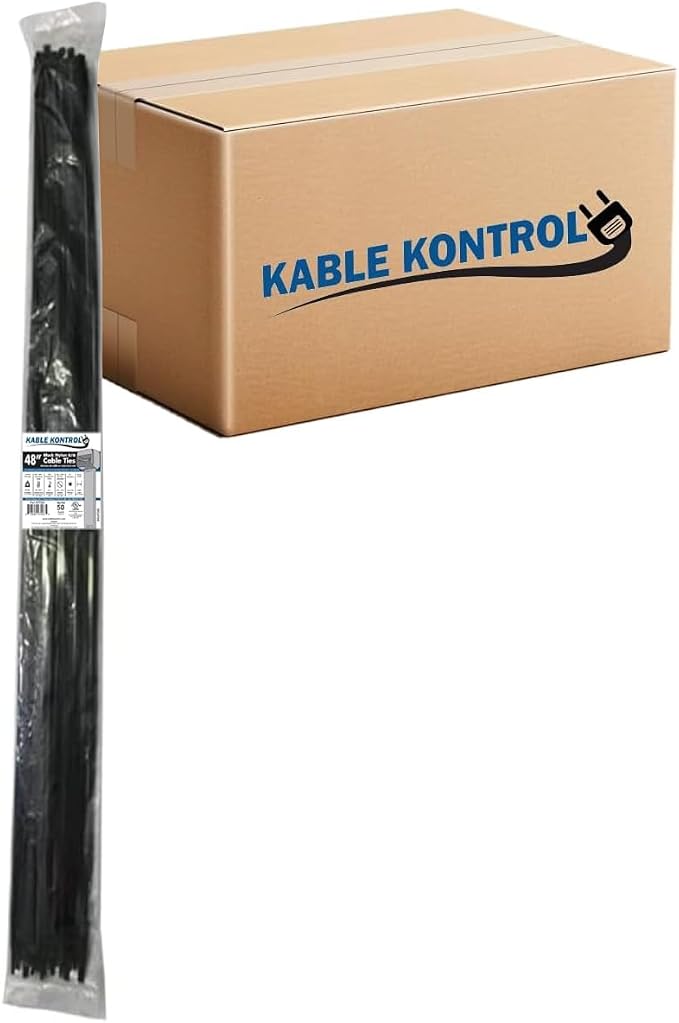 Kable Kontrol Cable Zip Ties Black 500 Pcs 48 Inch, 175 Lbs Tensile Strength, Bulk Pack, Self-locking UV Resistant Plastic Nylon Wire Ties, for Indoor or Outdoor Use