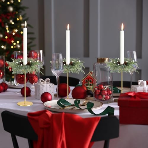 2 PCS Christmas Pine Taper Candle Rings Wreaths 1.38" Mini Norfolk Cedar Taper Candle Holder Wreaths Candle Rings with Berry Pinecones for Xmas Winter Church Home Table Centerpiece Candlesticks Decor - Image 4