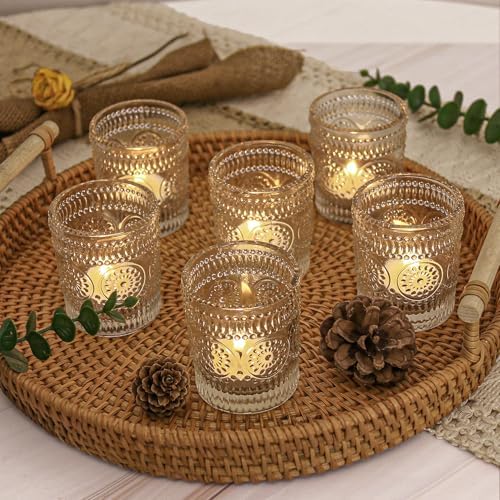 24 Pcs Clear Glass Votive Candle Holders, Tealight Candle Holders for Table Centerpieces, Vintage Candle Holder Bulk, Boho Wedding, Valentine's Day Table Decor (Clear) by JALANCY