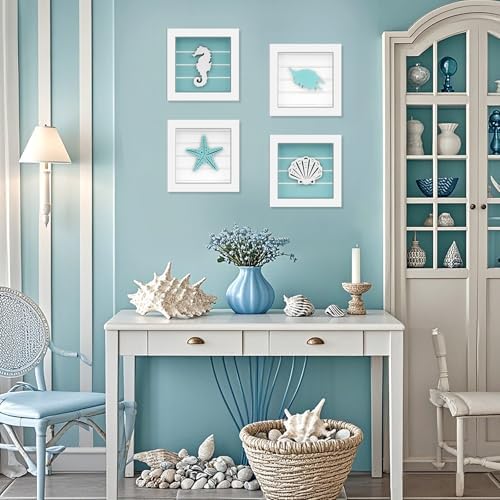 DETENE 4Pcs 3D Nautical Wall Art, Starfish Seashell Framed Bathroom Decor - Image 3