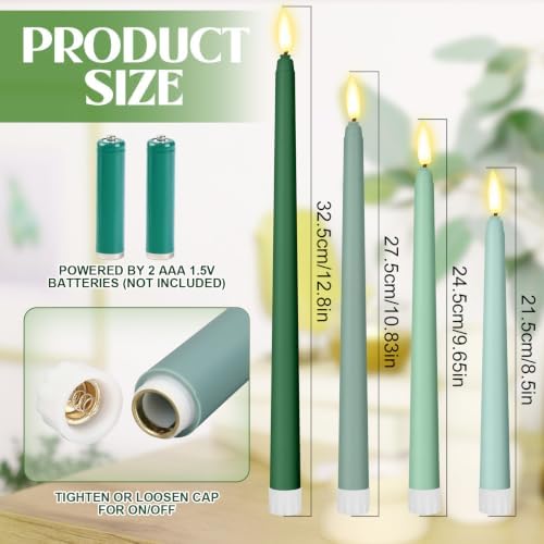Rossesay 24 Pcs Flameless LED Taper Candles Battery Operated Candles 8.5", 9.65", 10.8", 12.8" Flameless Candlesticks Flickering for Christmas Church Wedding(Classic, Gradient Green) - Image 3