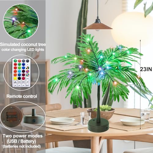 28 Colors Changing Light Up Palm Tree Table Decor, 23In Tropical Artificial Palm Tree Lights Battery USB Powered, LED Mini Palm Tree Table Centerpiece for Luau Summer Hawaiian Party Home - Image 4
