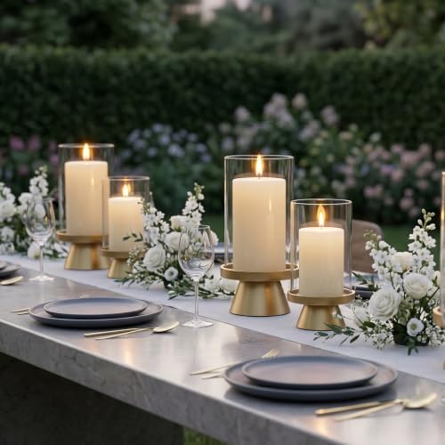 Set of 2 Large Gold Hurricane Glass Candle Holders for 4&3" Pillar Candles - Image 7