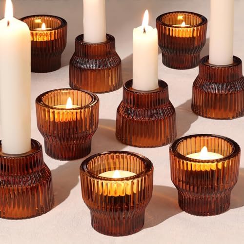 12 Pack Amber Taper Candle Holders, Glass Tea Light Candlestick Holders by LOVELIGHTLOVELIFE