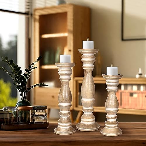 Rustic Farmhouse Wood Pillar Candle Holder Set of 3- Vintage Tall Candle Stands for Table Centerpiece, Decorative Candle Holder for Dining Room, Fireplace, Living Room - Size: 16", 14", 12" White Wash - Image 4