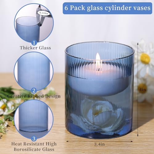 Glass Ribbed Cylinder Vase Set of 6,Bud Vase for Wedding Centerpieces,Clear Ribbed Glass Flower Vases Bulk,Hurricane Floating Candle Holder 4 Inch,Decorative Vases for Home Decor(Blue) - Image 2