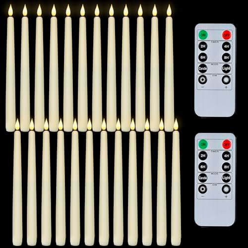 Homemory 24 Pcs Flameless Taper Candles with Remote Timer Dimmer, 11 inches Ivory Candlesticks Battery Operated, Plastic LED Taper Candles with Flickering Flame for Halloween Christmas Church Wedding by Homemory