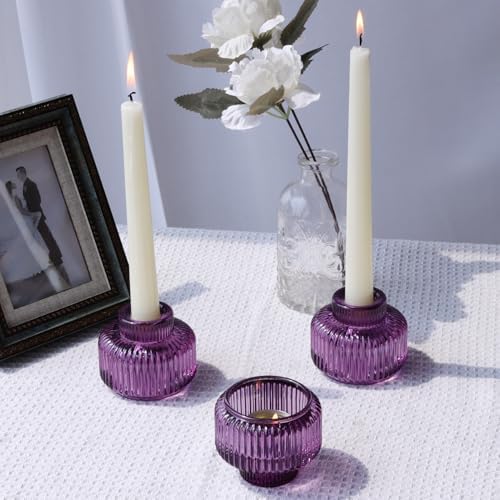 Woho Purple Candlestick Holders Set of 4 for Halloween Decorations, Ribbed Glass Taper Candle Holders for Thanksgiving/Christmas, Vintage Candle Sticks Holder Decor for Fall Wedding Table Centerpiece - Image 4