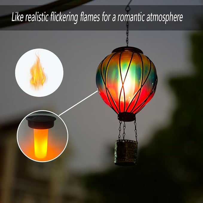 Gradient Color Solar Hot Air Balloon Outdoor Lantern with Flickering Flame Hanging Outdoor Lantern Waterproof Decorative Lantern Lamp for Patio, Garden, Porch | Handmade Glass, Flickering Flame, Waterproof, Decorative Outdoor Lantern, for Patio, Garden...