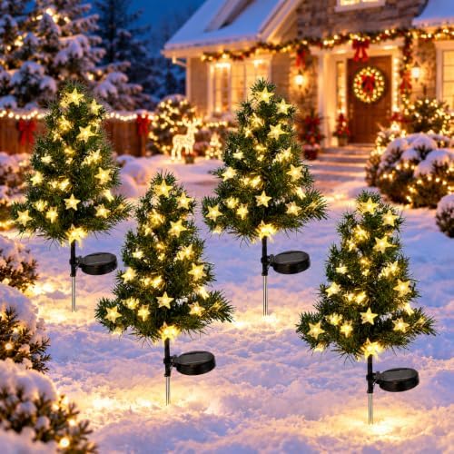 Huaerle 4-Pack Solar Christmas Tree Garden Stake Lights Outdoor Christmas Decorations by Huaerle