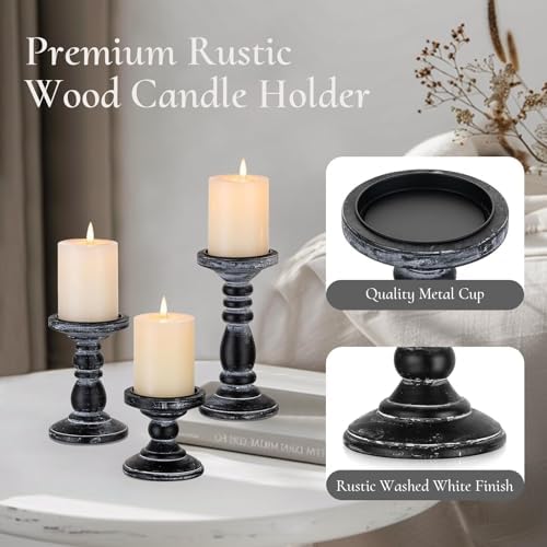 Wood Pillar Candle Holder: Rustic Distressed Black Candle Stand - Image 4