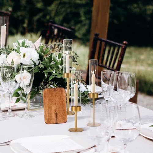 Set of 18 Glass Hurricane Candle Holders Gold Metal Base Taper - Image 5