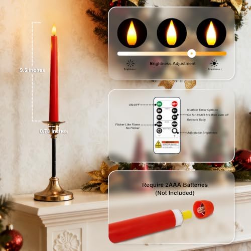 Homemory 12 Pcs Waxy Red Flameless Taper Candles with Remote, Led Flameless Candlesticks Classic Tall Candle, Flickering Battery Operated Taper Candles for Bedroom, Dining Room, 9.6 inches - Image 5