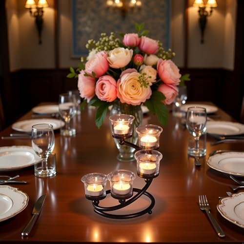 1PC Clear Chunky 5 Cups Metal Tea Light Candle Holders for Table Centerpiece, Glass Votive Tealight Holders/Candelabra Candlestick Holders for Wedding,Party, Anniversary,Christmas(Black) - Image 6