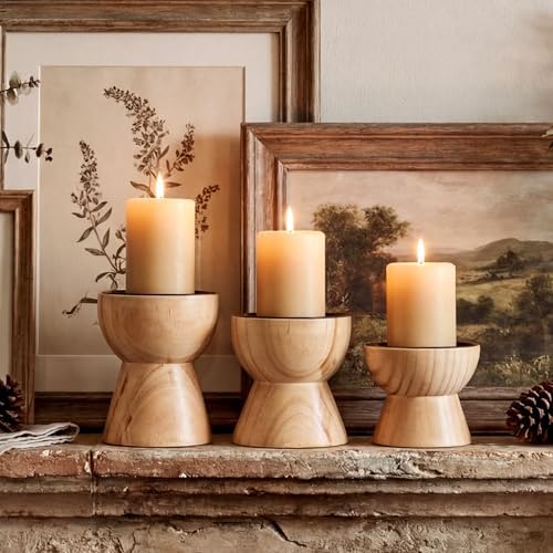 Mifoci 3 Pcs Farmhouse Wooden Candle Holders Pillar Set, Table Mantel Decor by Mifoci