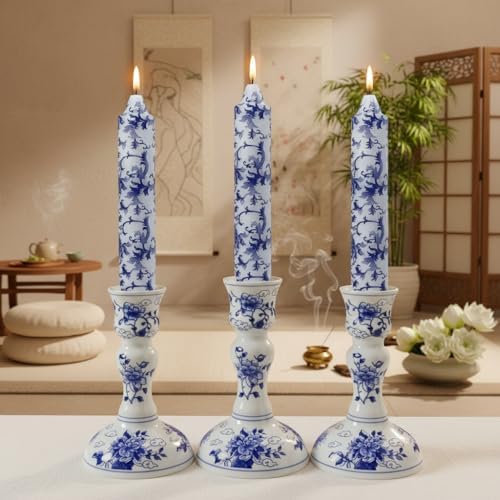 7 Inch Blue and White Short Taper Candles Hand Poured Unscented Smokeless Clean Burning Chinoiserie Taper Candles for Wedding Dinner Home Meditation Morning Coffee Ritual Breakfast Table Everyday - Image 6