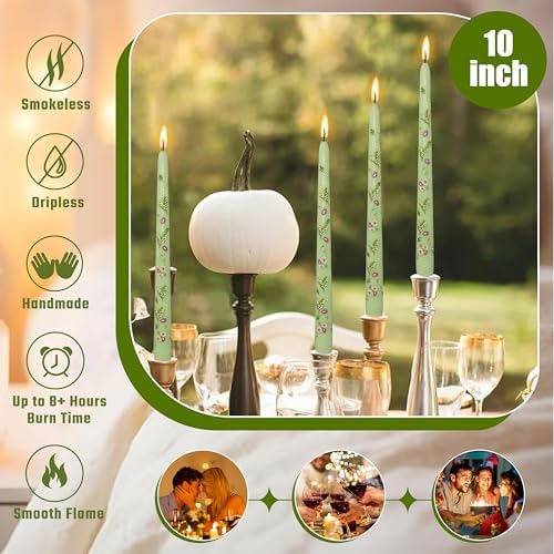 Scandinavian Tall Candle 10 in Green Printed Taper Candles Hand Printing Candlesticks Unscented Smokeless Tapered Candle Sticks for Home Decor Rustic Wedding Simple Modern, 4 Pack - Image 4