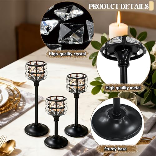 Crystal Metal Candle Holder, Square Crystal Beads Bling Tea Light Candlestick, Tall Votive Candelabra Elegant Centerpiece for Table Wedding Decoration, Home Decor (Black, Set of 3) - Image 3
