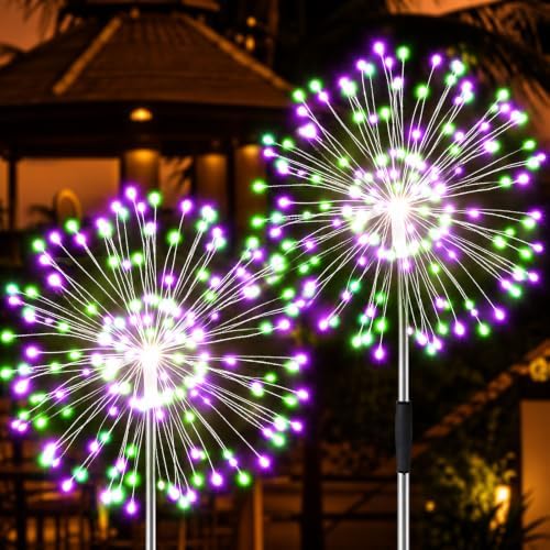 Solar Firework Lights, 2 Pack 120 LEDs 2 Lighting Modes Solar Garden Lights Outdoor Waterproof for Yard Patio Walkway Pathway Party Wedding Christmas Decorative - Green and Purple by JJGoo