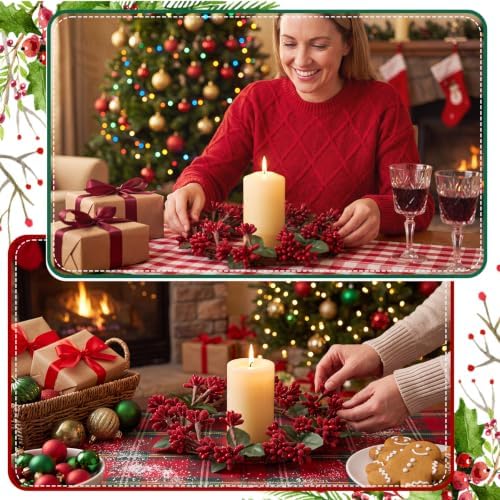 Daifunli 2 Pcs Christmas Red Berry Candle Ring Artificial Winter Red Berry Wreaths Candle-Ring for Pillar 6 Inch Candles Holder for Winter Christmas Country Wedding Kitchen Table Centerpiece Decor - Image 5