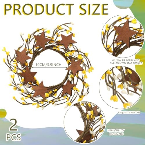Daifunli 2 Pcs Summer Country Primitive Yellow Pip Berry with Rusty Tin Stars Candle Ring Vintage Pip Berries Wreaths for Pillar 3.9 Inch Candles Holder for Summer Rustic Table Centerpiece Decor - Image 2