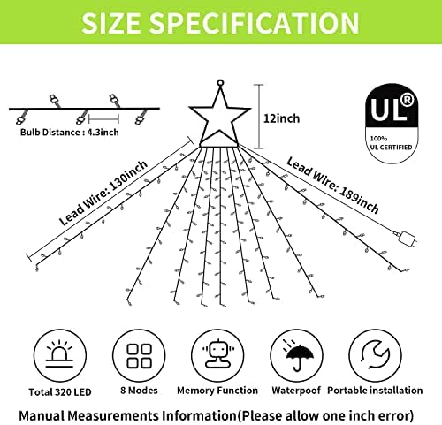 Outdoor Christmas Decorations Star String Lights, 320 LED 11.5 ft Waterfall Tree Lights with 8 Lighting Modes Christmas Star Lights for Indoor Outdoor Yard Home Festival Party Xmas New Year Decor - Image 5