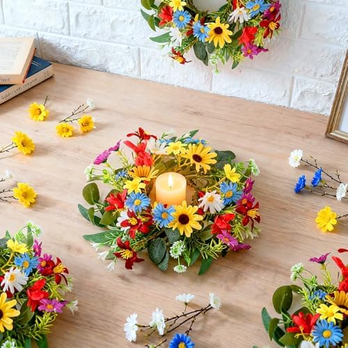 6 PCS Spring Summer Artificial Floral Candle Rings Wreath Sunflowers Daisy Forsythia Candle Rings Pillar Holder Wreath Mini Eucalyptus Candle Wreaths Kitchen Cabinet Swags for Home Tabletop Decor - Image 2
