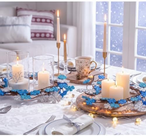 Daifunli 2 Pcs Winter Blue Snowflake Candle Rings Snowflake Wreath Glitter Vintage Wood Wreaths for Pillar 6 Inch Candles Holder for Winter Christmas Rustic Table Centerpiece Decor by Huiinen