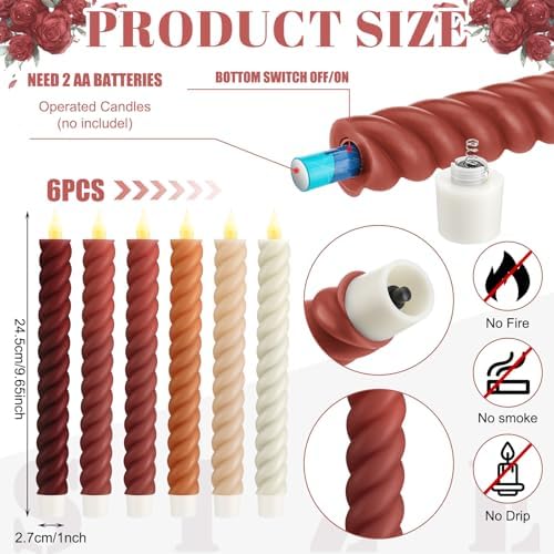 Baquler 6 Pcs Fall Flameless Taper Candle Twisted LED 9.65 Inch Fall Taper Candles Battery Operated Twisted Candlesticks for Thanksgiving Harvest Wedding Birthday Home Party Dinner Fireplace Decor - Image 2