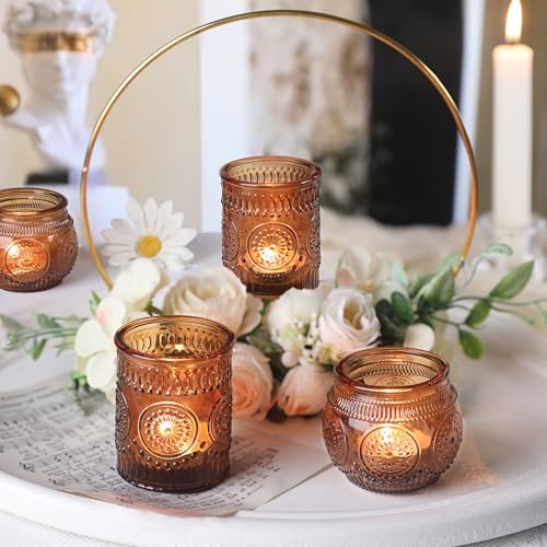 DARJEN 12Pcs Amber Votive Candle Holders - Vintage Glass Candle Holders for Flameless LED Tea Waxes, Tealight Candle Holder for Wedding & Home Table Decor, Vintage Parties - Image 4