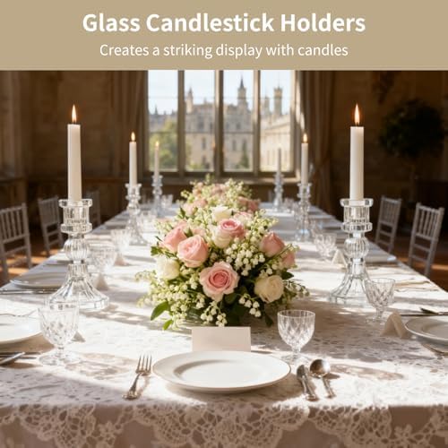 12 PCS Clear Glass Taper Candle Holders, Ribbed Striped Candlestick Holders 4 in, Heavy Base Small Centerpieces for Wedding Table Decor, Party, Holiday, Mantel and Windowsill - Image 2