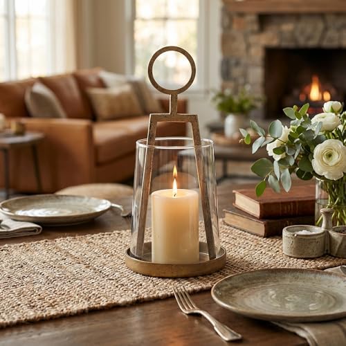 Small Farmhouse Hurricane Candle Holder (4.3" W x 9.2" H), Antique Brass - Image 6