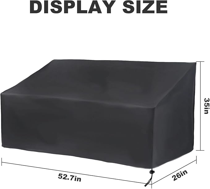Hoypeyfiy Patio Bench Cover 52.8 x 26 x 35/24.8 Inch, Waterproof Outdoor Garden Bench Cover, Windproof Oxford Fabric Furniture Bench Cover with Drawstring and Storage Bag, Black