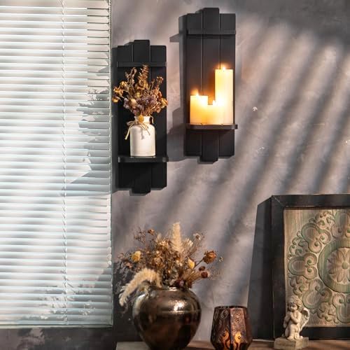 Large Black Wood Wall Candle Sconces: 19.7" Floating Shelf Design - Image 6