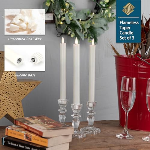 Flameless Taper Candles with Remote, Real Wax Battery Operated LED Candles Set with 3D Flickering Flame, 9.6" Realistic Dripless Candlesticks for Wedding Home Decor, 3 Pack White - Image 3