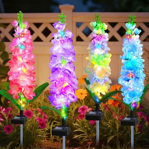 Solar Garden Lights Outdoor 4 Pack, Waterproof Solar Flower Stake Lights 80 LED Delphinium Flowers, 2 Modes, Outdoor Decor for Yard, Patio, Lawn, Flower Beds, Gifts for Mom Women by OSTRITEC