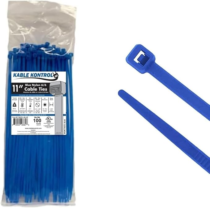 Kable Kontrol Blue Zip Ties 11 Inch 100 Pcs, 50 Lbs Tensile Strength, Self-locking Nylon Colored Cable Ties Wire Wraps for Indoor or Outdoor Use