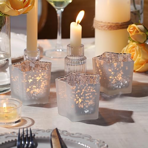 Letine 8pc Frosted White Star Tea Light Candle Holders - Mercury Glass Votive Holders for Wedding, Diwali, Fall & Holiday Decor - Elegant Starlight Vessels (2.44" Height, 1.45" Base) - Image 5