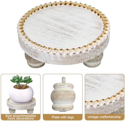 Farmhouse Round Wood Tray Riser, Pedestal Stand with Beaded Edge, Rustic Wooden Candle Trays Decor for Tiered Tray, Candle, Mug Display Decorative, Table Centerpiece, White - Image 6