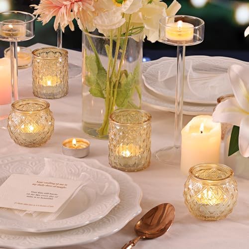 DARJEN 12Pcs Gold Votive Candle Holders - Glass Candle Holder for Table Centerpiece, Tea Light Candle Holders Glass for Wedding Shower, Home & Tea Party Decor - Image 5